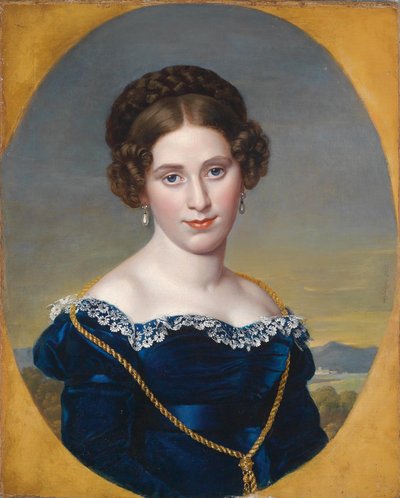 Portret van een jonge vrouw / Portret van een dame voor een landschap door Eduard Friedrich Leybold